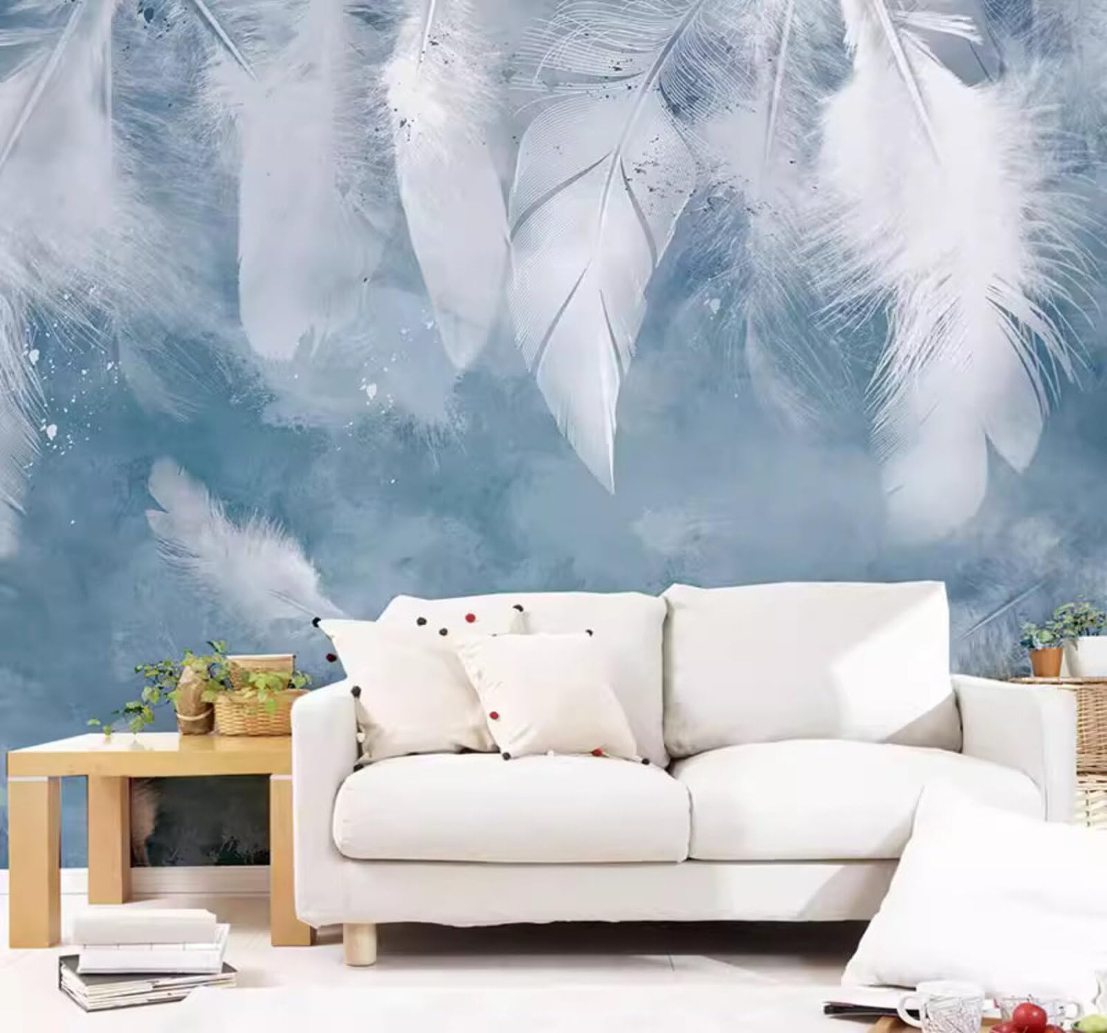 Minimalist Ink Wash Blue Hand Drawn Feathers 3D Wallpaper Easy Install Feature Office Living Room Sofa Bedroom TV Background Wall Decoration-200cm×140cm