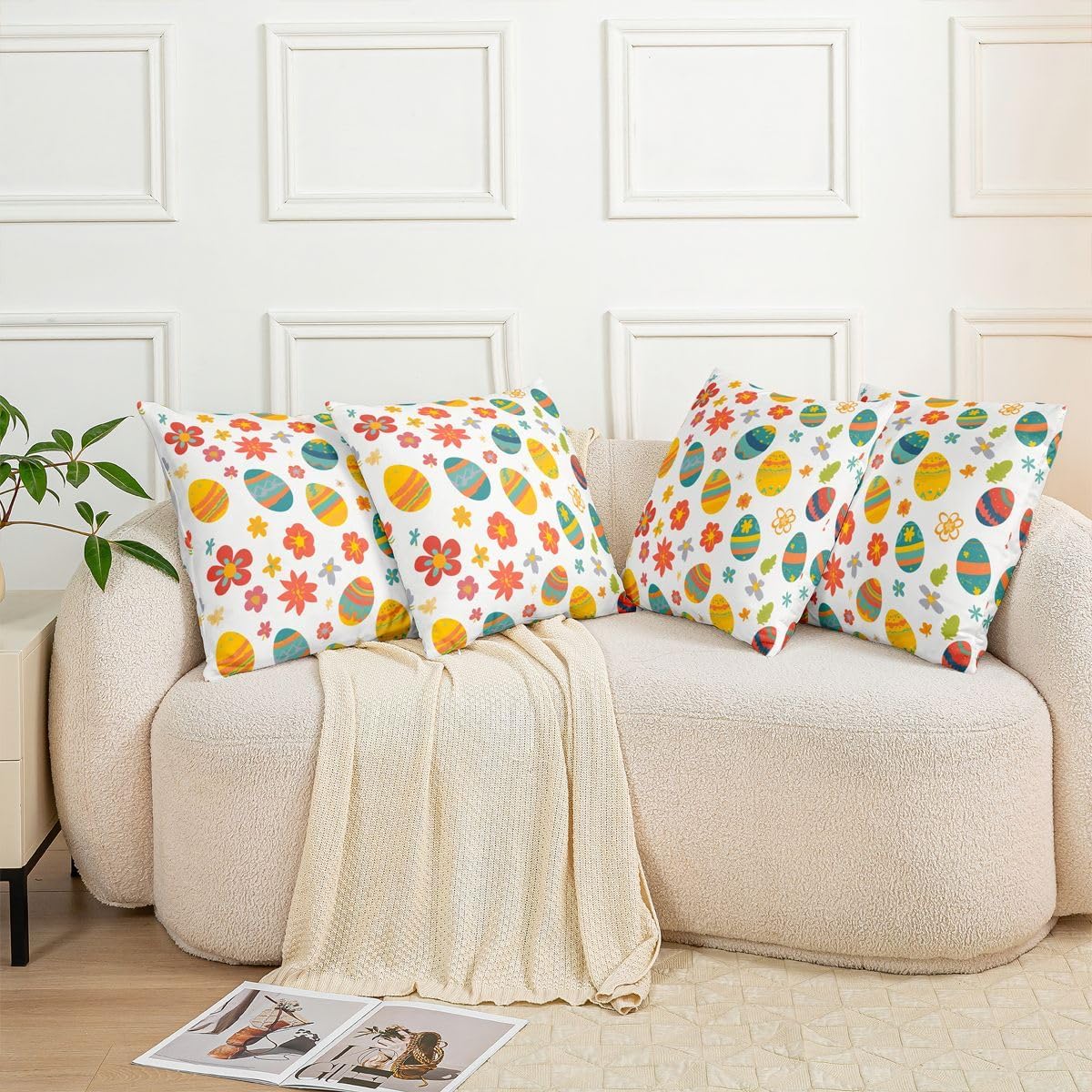 Erosebridal Happy Easter Eggs Pillow Covers 24x24 Inch Set of 2,Colorful Cartoon Easter Eggs Throw Pillow Covers,Eggs Cushion Covers for Toddler,Spring Floral Decorative Square Pillow Cases