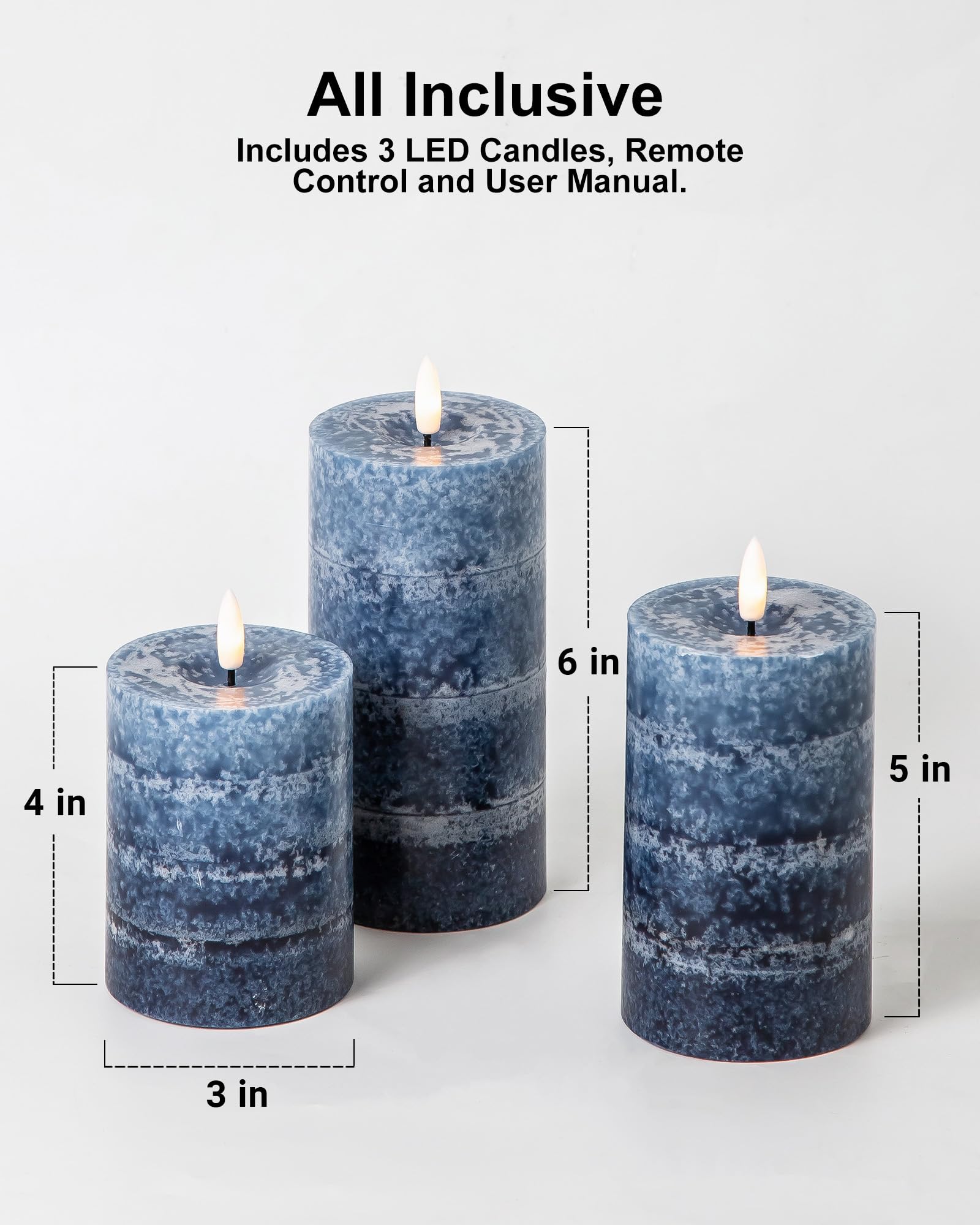 Stmarry Candele senza fiamma sfumate blu navy con telecomando e timer, candele a pilastro a LED realizzate in vera cera, funzionamento a batteria con fiamma tremolante 3D, 7,6 x 10,2 cm, 7,6 x 12,7 cm