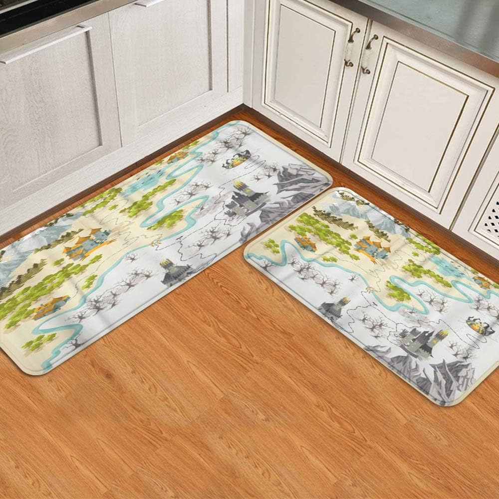 FOURFOOL 2 Pcs Kitchen Mat Set,Game Fantasy Adventure Map with Colorful Doodle Hand Draw Non-Slip Kitchen Mats and Rugs Soft Flannel Non-Slip Area Runner Rug Washable Durable Doormat Carpet