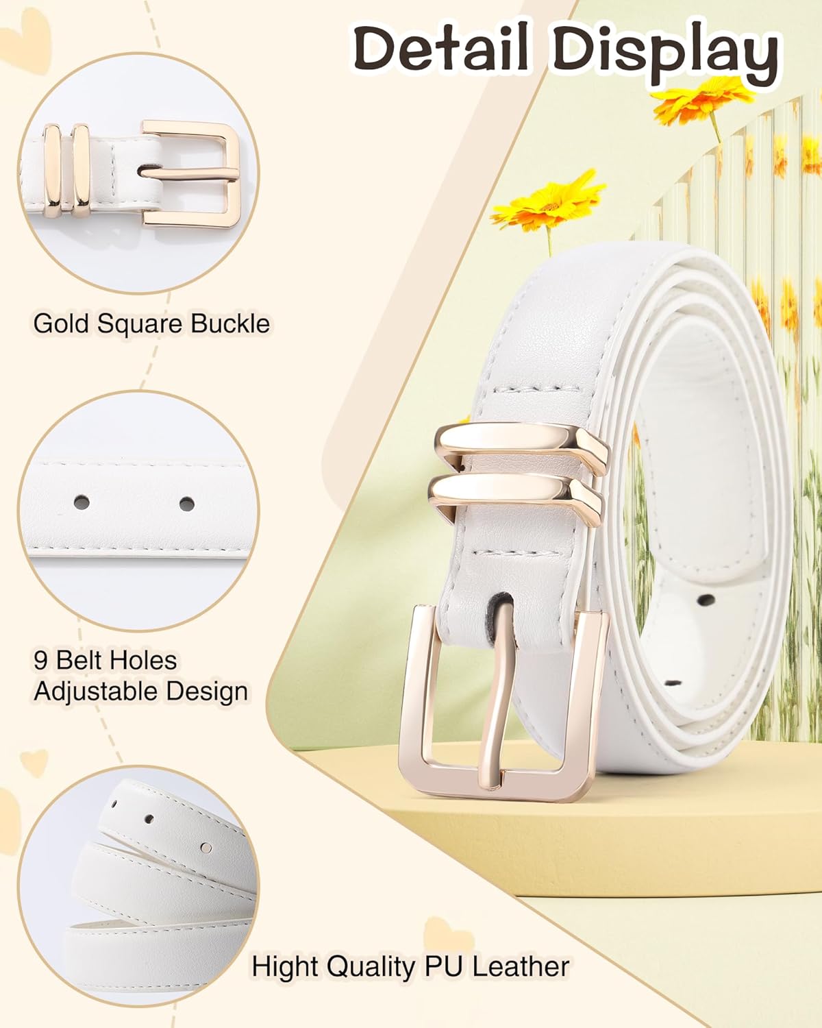 AWAYTR 2 Pack Girls Leather Belt for Kids Jeans with Gold Square Buckle - Image 3