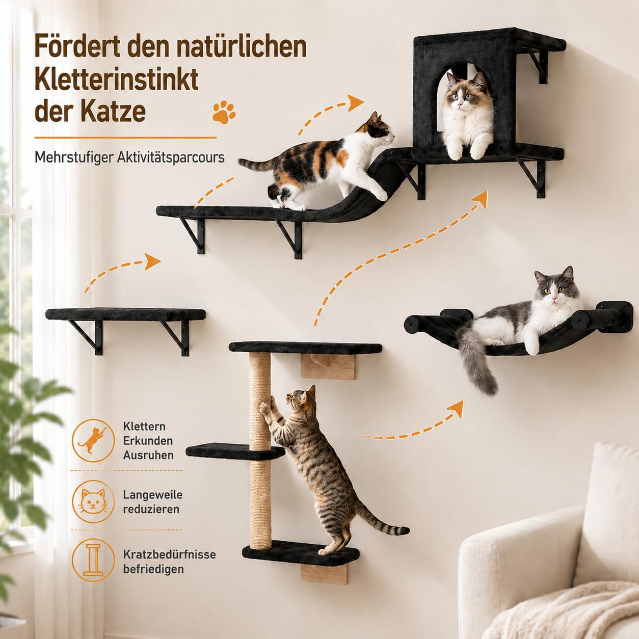 4-teiliges Katzen Wandmöbel Set, Hängematte mit Kratzsäule | Katzen Wandmöbel, mit Hängematte, Katzenbrücke, Liegefläche und Sisal Kratzsäule, stabile Wandmontage, belastbar 13,6kg