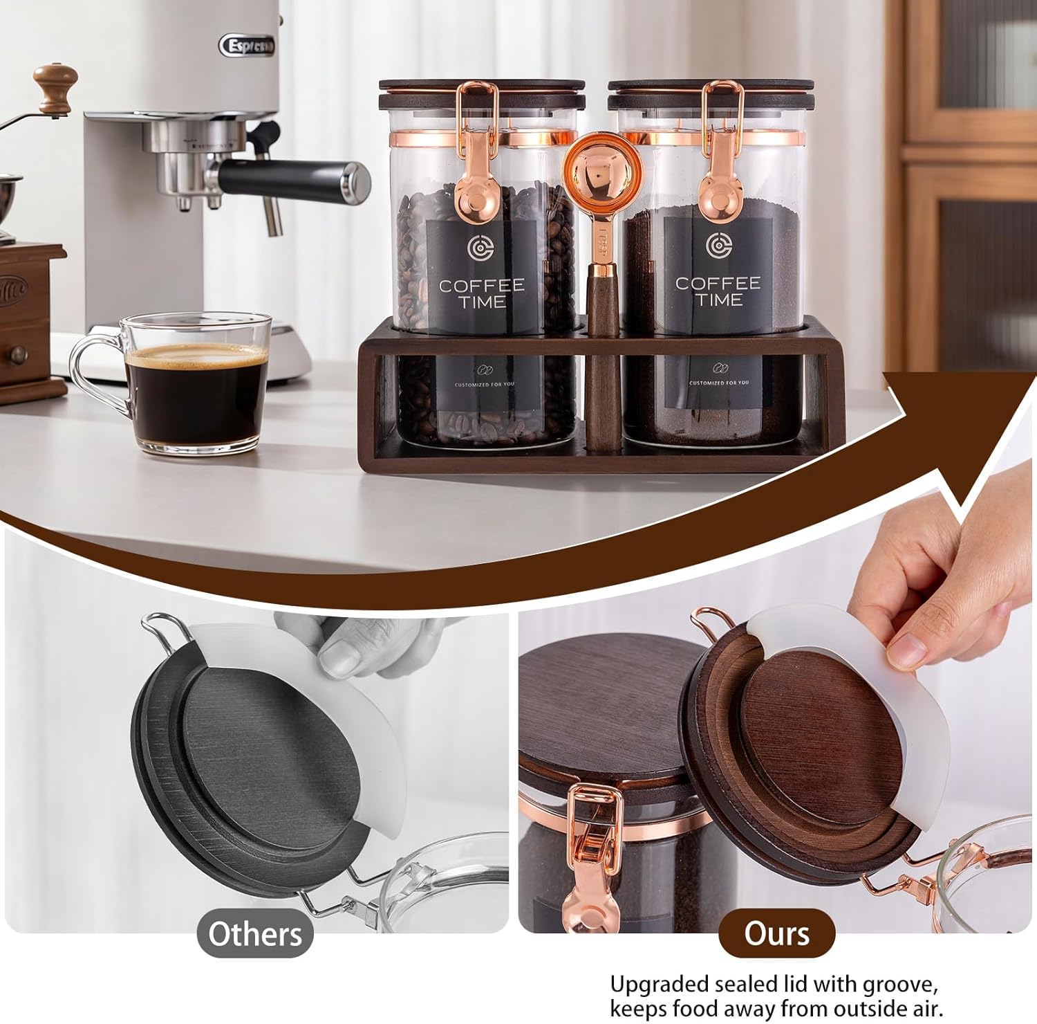 Glass Coffee & Sugar Canister Set, 2×45OZ Airtight Glass Storage Jars with Wooden Shelf and Scoop, Airtight Food Containers for Coffee Beans, Ground Coffee, Sugar and Tea（Rose Gold）