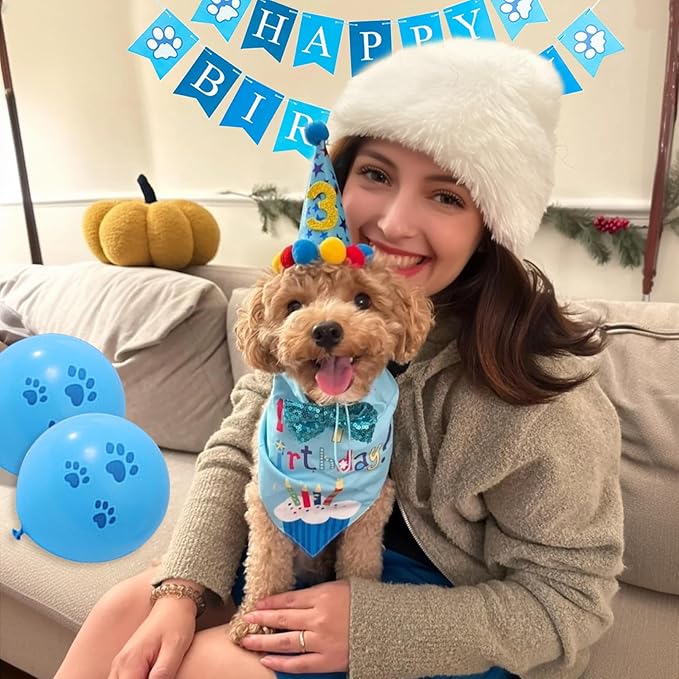 6 Piezas Decoración Cumpleaños Perro - Gorro Pañoleta Corbata Banderín Globos miniatura 6