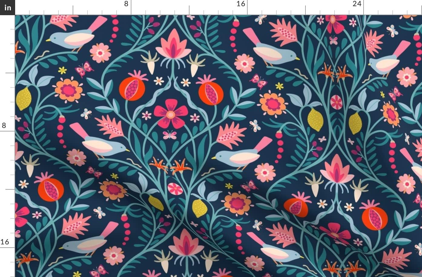 Spoonflower Fabric - Modern Damask Pink Blue Bird Butterflies Red Floral Fruit Folk Art Printed on Cotton Poplin Fabric by The Yard - Sewing Shirting Quilting Dresses Apparel Crafts
