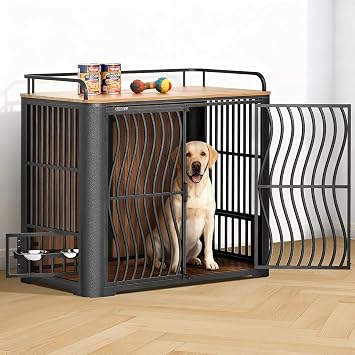 48 Inch Large Dog Crate Furniture, Heavy Duty Wood Dog Kennel Furniture Indoor for Large and Medium Dogs, Pet Crate Furniture with Adjustable Rotating Hanging Bowl and Table, Brown