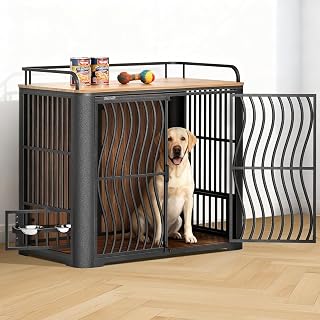 48 Inch Large Dog Crate Furniture, Heavy Duty Wood Dog Kennel Furniture Indoor for Large and Medium Dogs, Pet Crate Furniture with Adjustable Rotating Hanging Bowl and Table - Brown