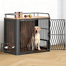 48 Inch Large Dog Crate Furniture, Heavy Duty Wood Dog Kennel Furniture Indoor for Large and Medium Dogs, Pet Crate Furniture with Adjustable Rotating Hanging Bowl and Table, Brown