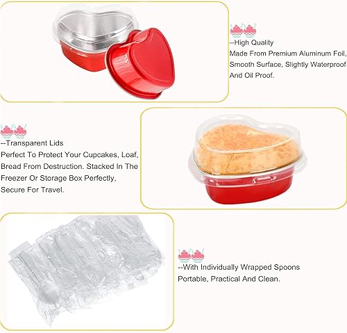 Miniatura 3 de AXZTYYLA - Paquete de 50 moldes para pasteles en forma de corazón, de papel de aluminio, de 3.4 onzas, con tapas y cucharas, forros desechables para