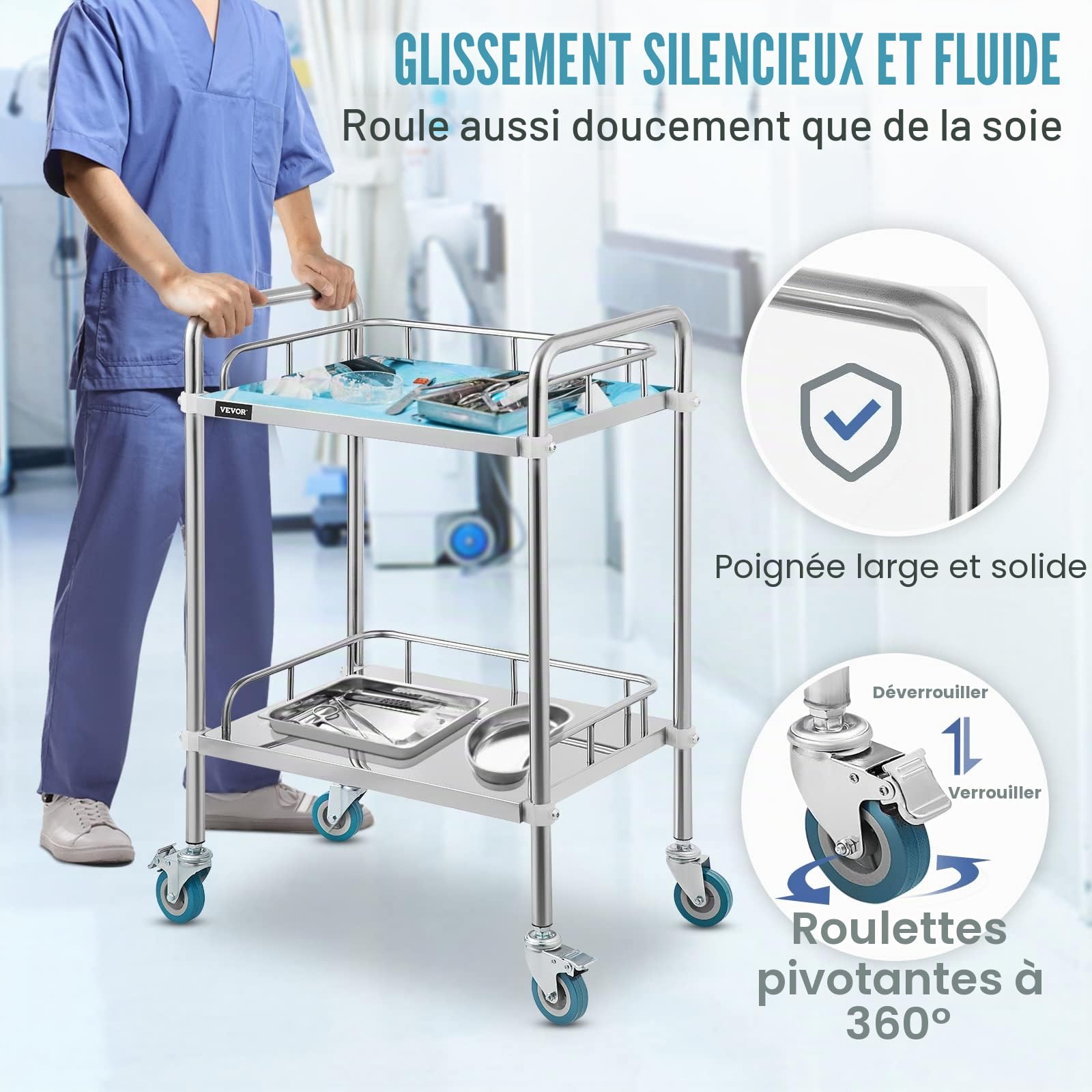 VEVOR Chariot de Laboratoire à 2 Étages, Service Médical 50*40*85 cm, Servante d'Atelier en Acier Inoxydable, Outil de Montage pour Hôtel, Salon, Beauté