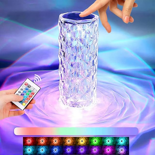 CATRAN Crystal Diamond Table Lamp, 16 Color Lights Changing Touch Lamp Acrylic Rose Rays LED USB Charging Bedside Night Light with Remote Control for Bedroom/Living Room/Dinner/Party/House Decor