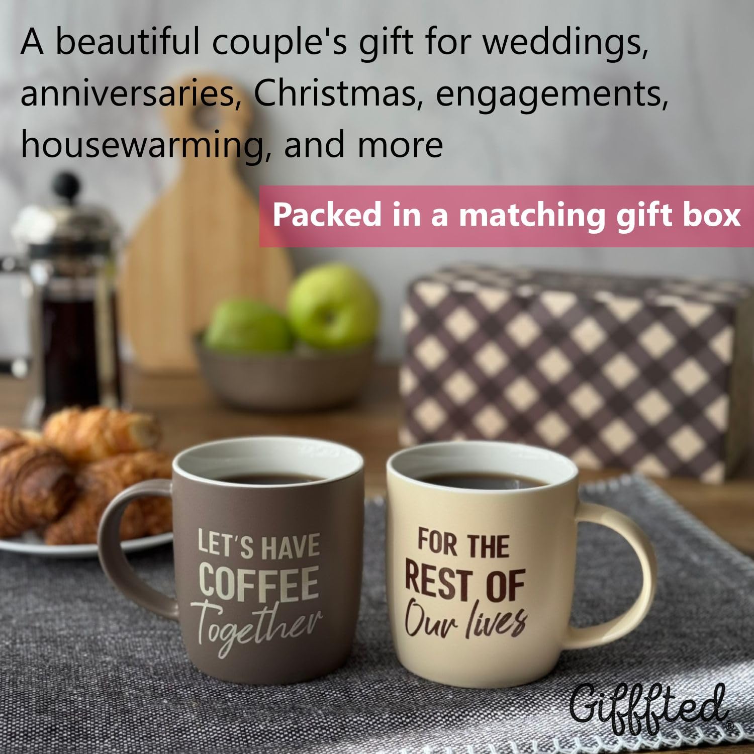Triple Gifffted Ensemble de tasses à café Let's Have Coffee Together, cadeaux de fiançailles pour couple, mariée et marié, fête prénuptiale, lui et elle, Mr et Mme, Noël, Saint-Valentin, en céramique,