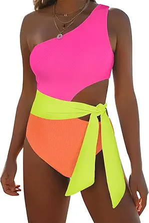 One Piece Bathing Suit for Women One Shoulder Cut Out Swimsuit Ribbed Color Block Monokini Tie Side Waist Swimwear