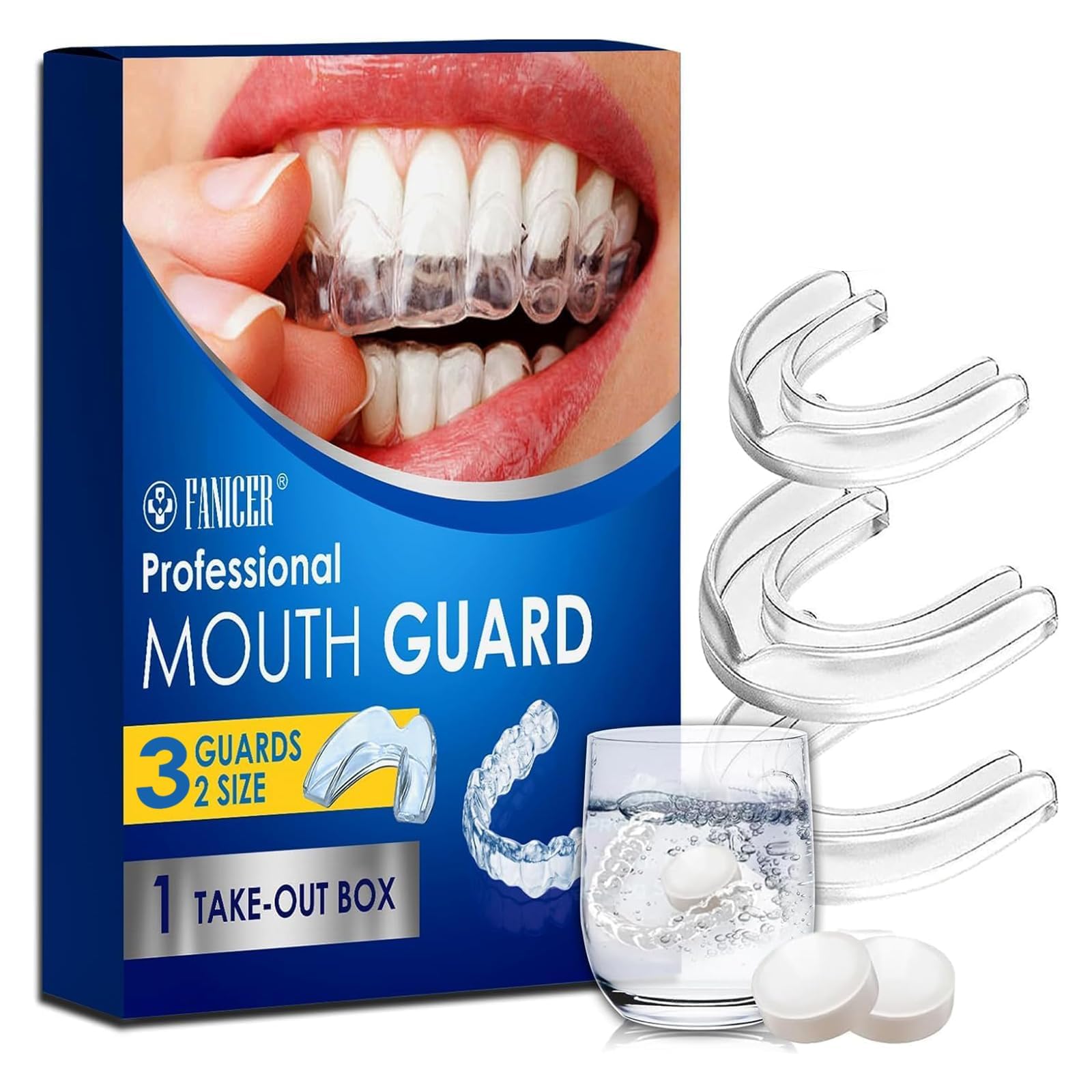 Pack de 3 Férulas de Descarga para Bruxismo Nocturno + 12 Pastillas Limpiadoras - Protector Bucal Anti-Bruxismo en 2 Tamaños, Reduce Ronquidos, Férula Dental Transparente para Dormir- Unisex Adultos