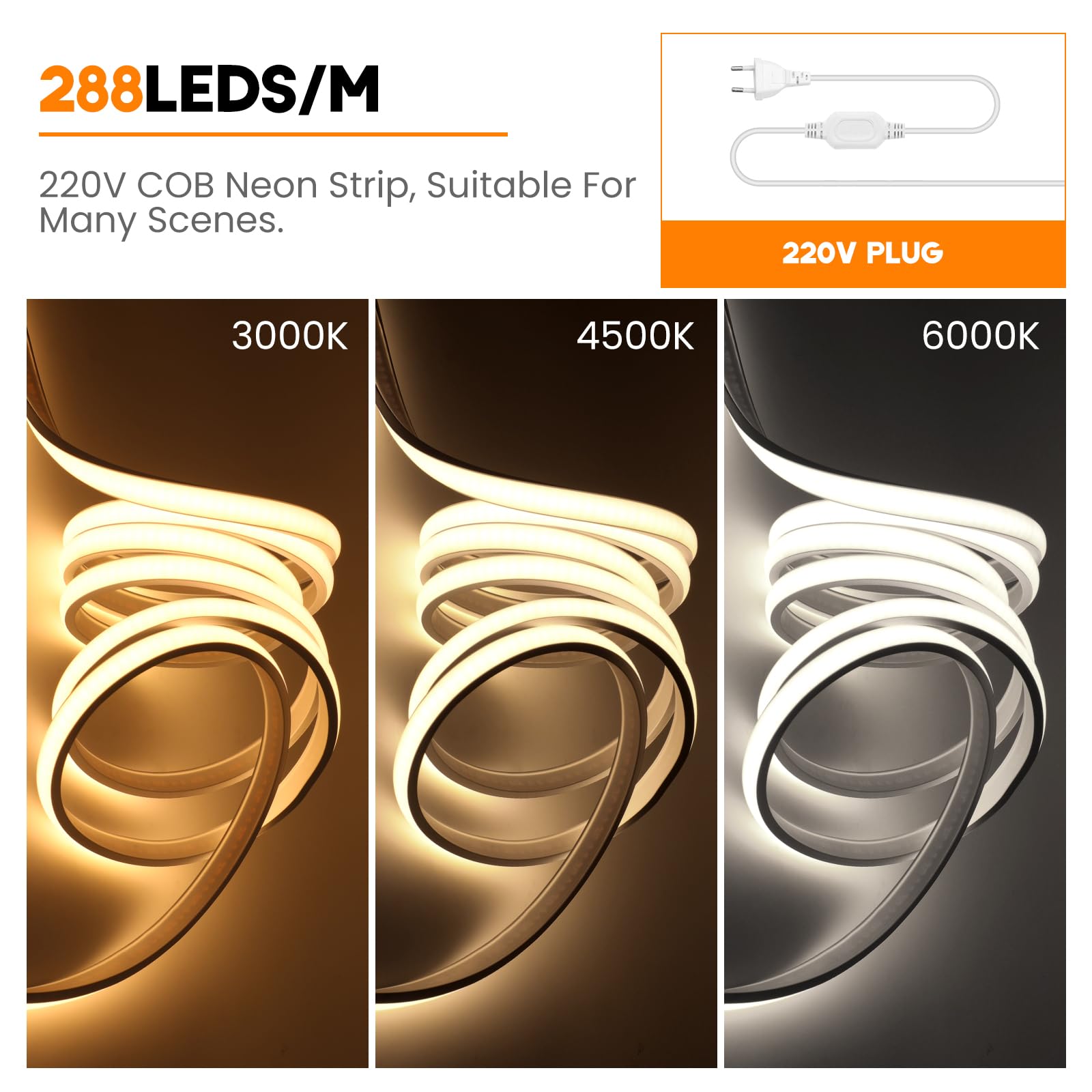 220V COB Tira LED [20M,Blanco 6000-6500K]，288 LEDs/m Cortable Silicona FCOB LED Neón CRI85+,IP65 Estanco Flexible,Navidad,Fiesta,Boda,Halloween Hogar/Tienda Decoración Iluminación
