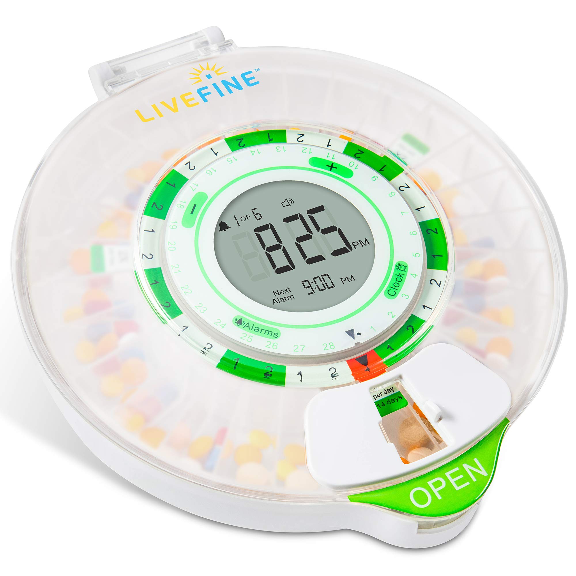 LiveFine - Dispensador automático de píldoras para 28 días con pantalla LCD actualizada, cerradura de llave, sonido y luz para recetas, medicamentos, vitaminas, suplementos y más