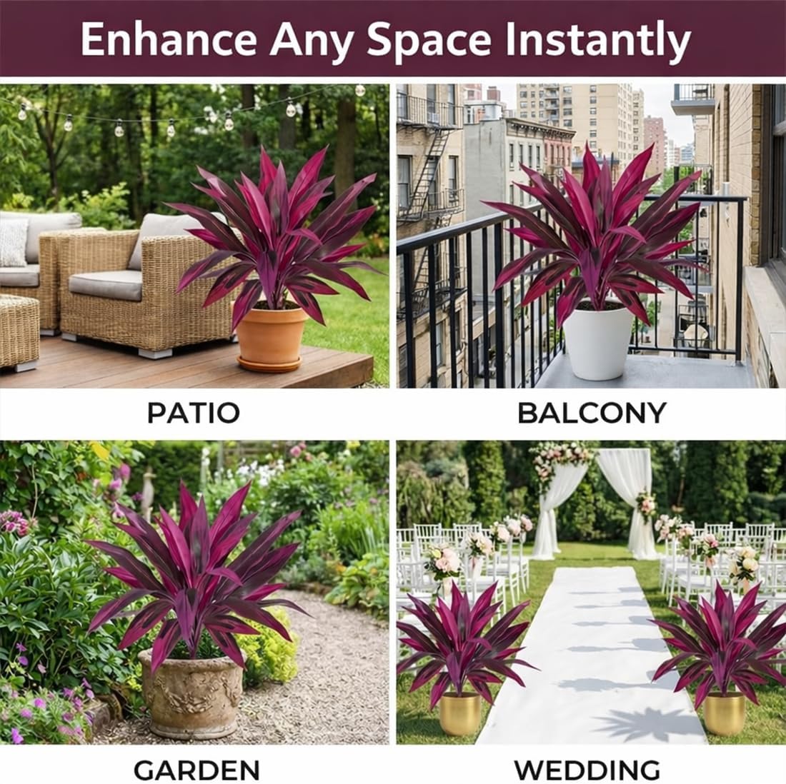 2PCS Large Realistic Artificial Boston Fern & Dragon's Blood Tree Plants with Vibrant Pink/Purple Leaves - UV Resistant Fake Ferns for Outdoors Outside Garden Patio Wedding Balcony (10PCS)