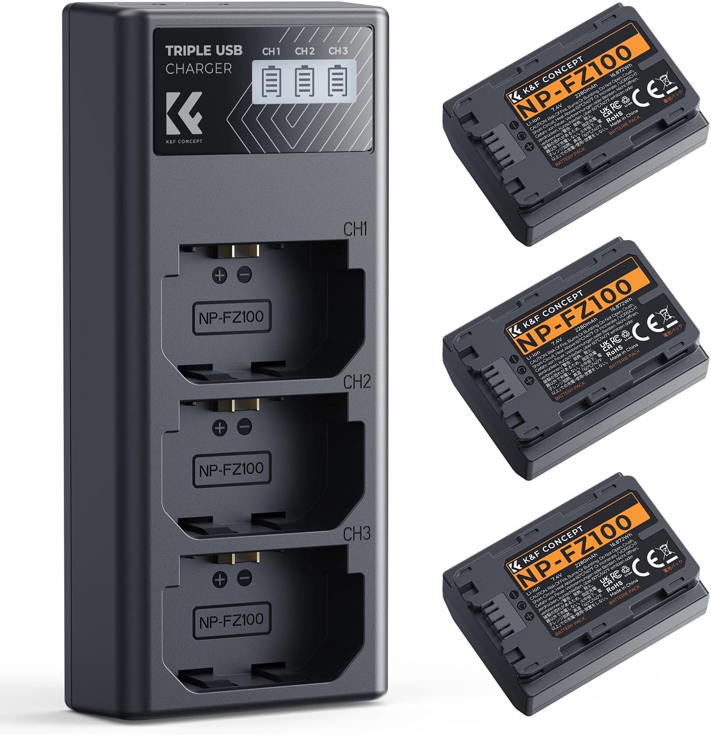 K&F CONCEPT 3-Pack NP-FZ100 Battery and Upgraded LCD Battery Charger Compatible with Sony A7iii, A7iv, A7C, FX3, FX30, A9, A6600, A6700, ZV-E1, ZV-E10ii, Alpha 9, A9S, A7R III, A7R IV, A7RV, 2280mAh