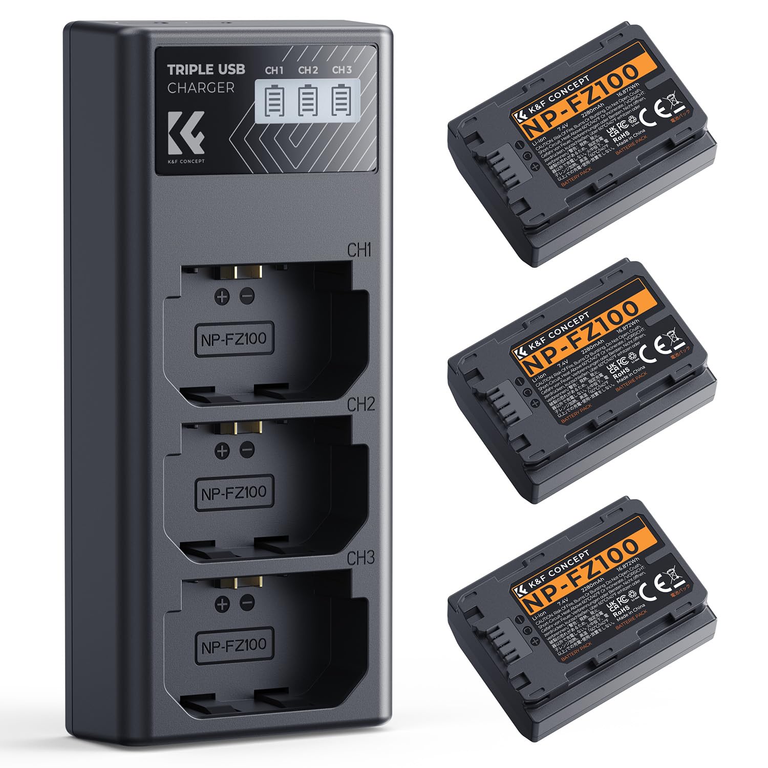 BT-NPF970 DT-FZ100セット K&F CONCEPT NP-FZ100 Battery 3-Pack and Triple Charger Compatible