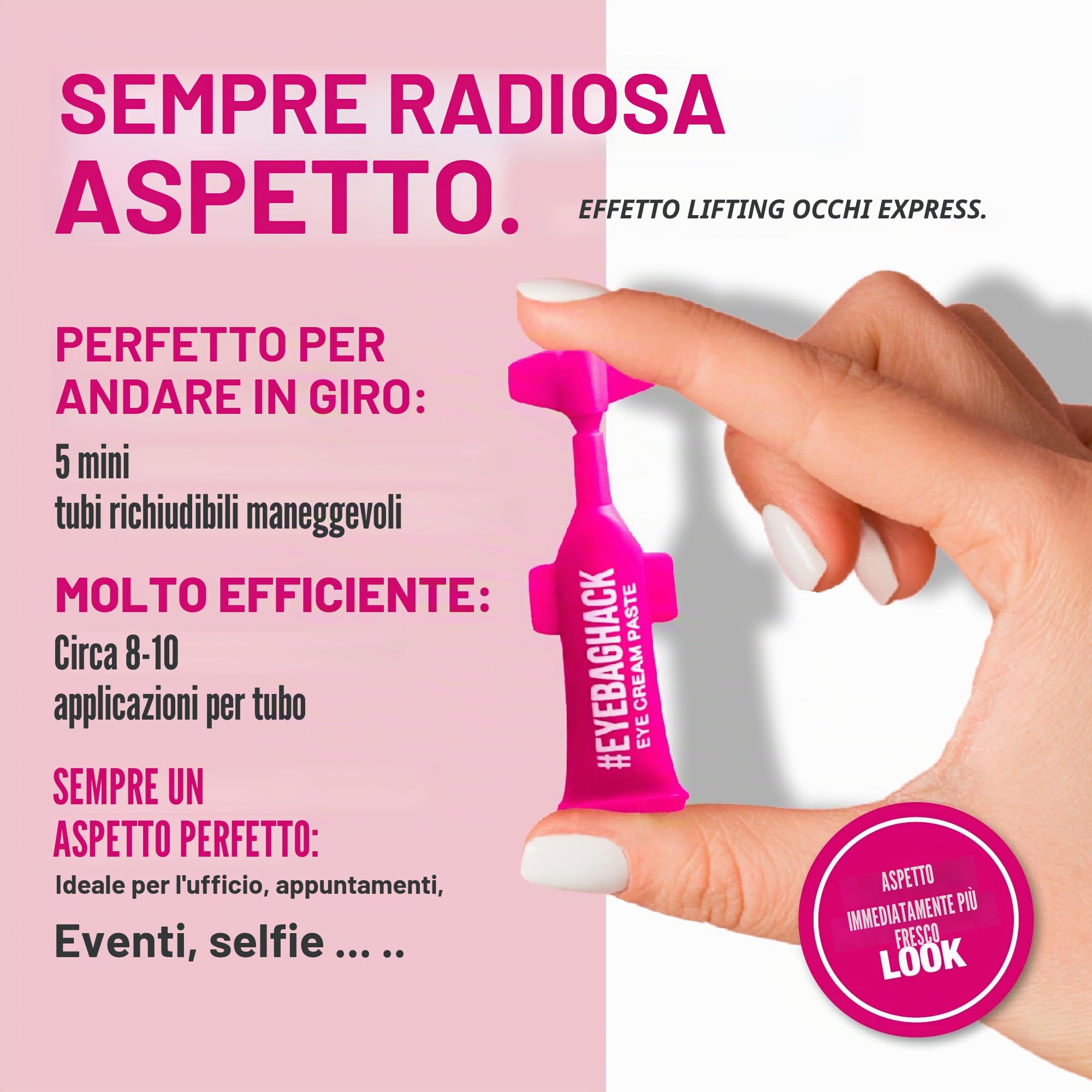 EYEBAGHACK - Effetto Express Eyelift contro le borse e le rughe, occhi visibilmente lisci in 2 minuti, tecnologia Invisible Flex Film per un effetto fino a 10 ore, 5x mini tubetti richiudibili