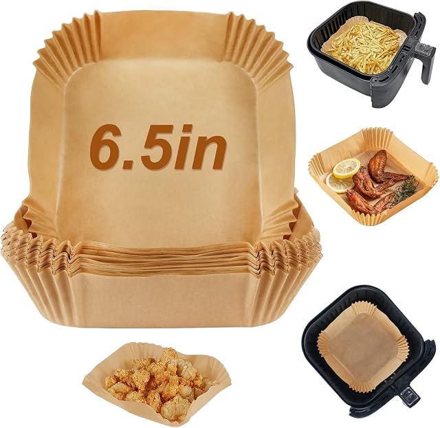 YQL Air Fryer Parchment Paper Liners, 6.5 Inch Disposable Air Fryer Liners Square 50pcs Non Stick Greaseproof Paper Sheets for Air Fryer Basket Compatible with Ninja,Tower, Cosori Air Fryer and More