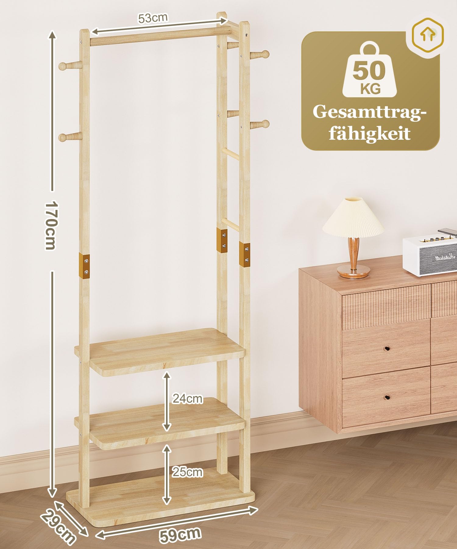 Yorbay Perchero multifuncional de madera independiente: perchero de pie sólido con estantes, perchero para ropa, sombrero, para salón, dormitorio, oficina | Perchero de pie de madera maciza con estantes, ganchos y perchero para ropa y sombreros en el saló