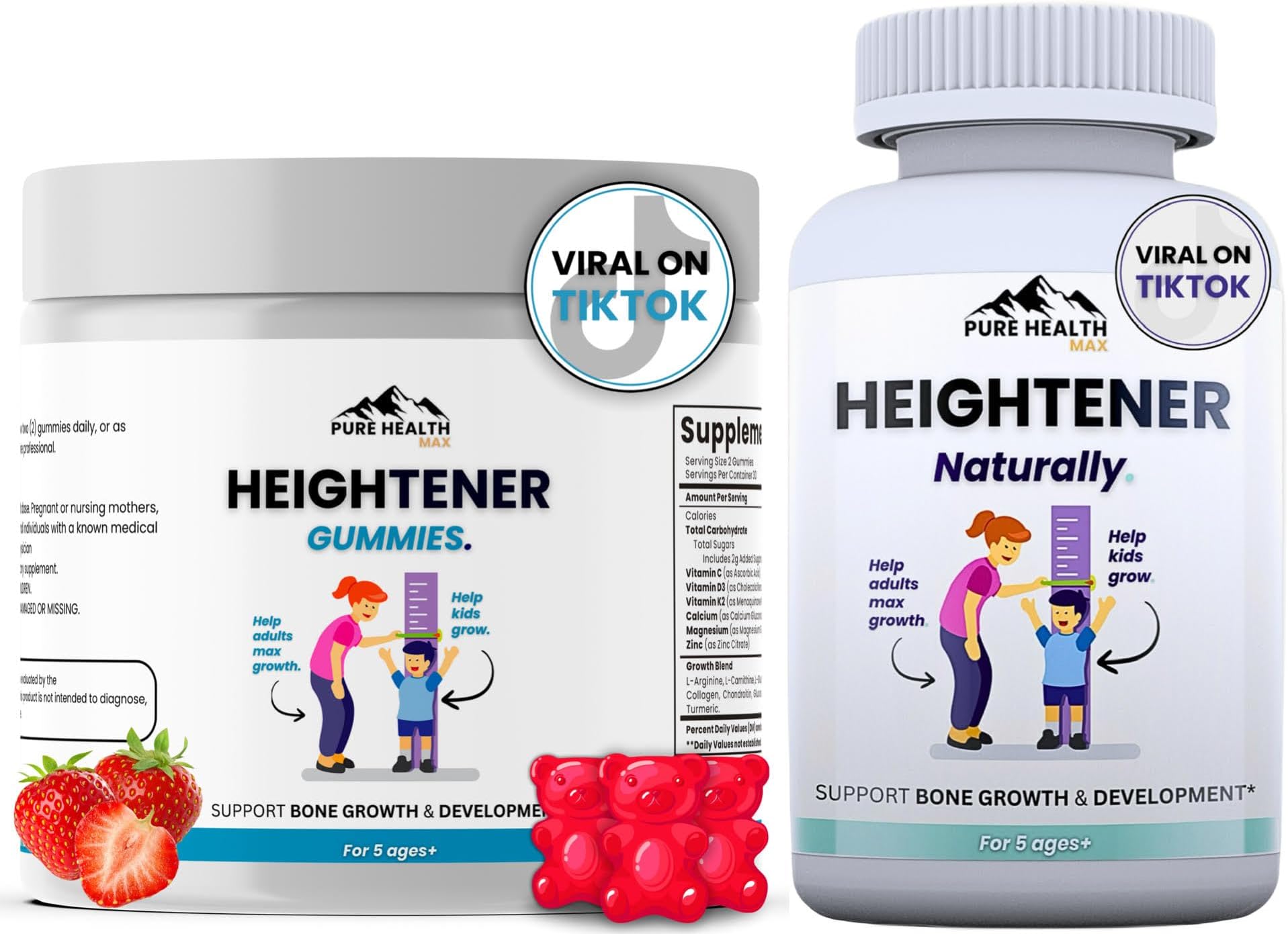 Heightener Capsules + Heightener Gummies - Natural Height Growth Supplement for Kids, Teens and Adults to Increase Bone Strength and Grow Taller | Height Maximizer Pills with L-Arginine, Calcium