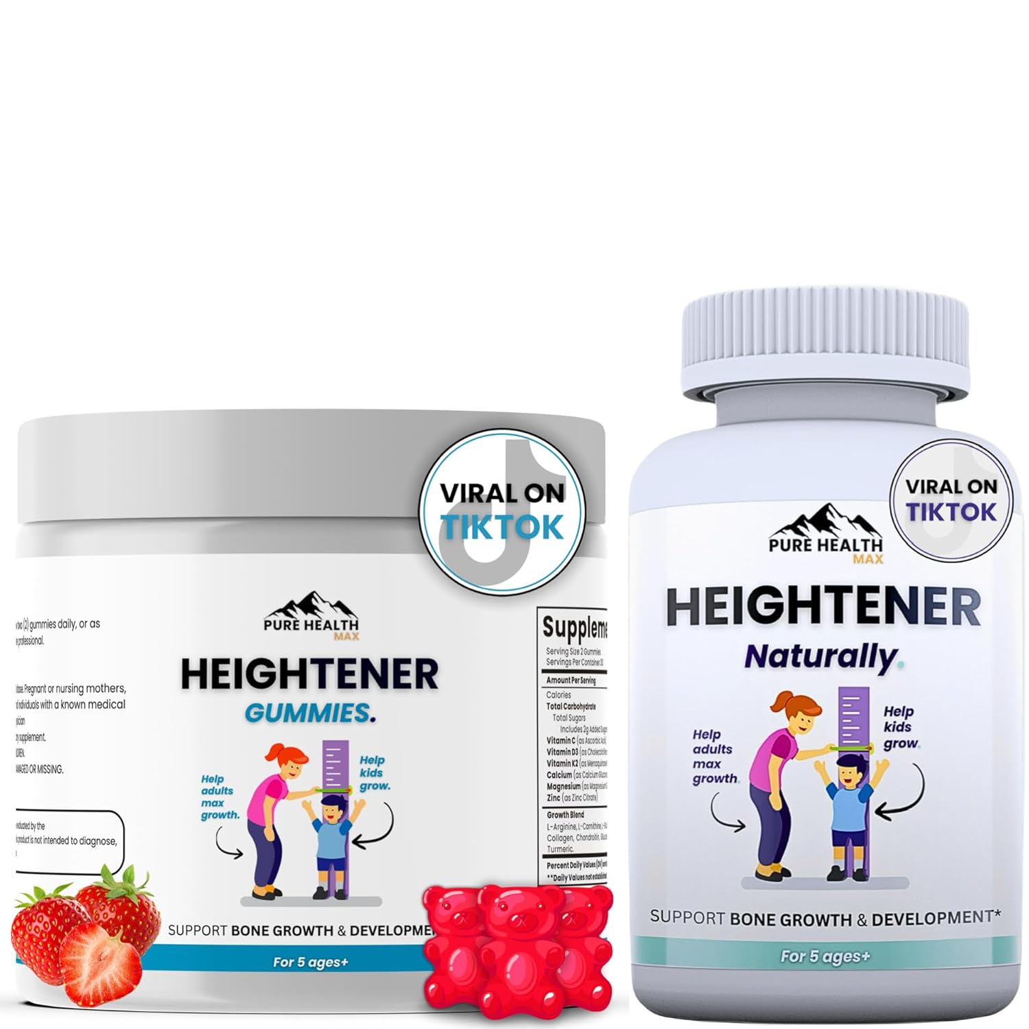 Heightener Capsules + Heightener Gummies - Natural Height Growth Supplement for Kids, Teens and Adults to Increase Bone Strength and Grow Taller | Height Maximizer Pills with...