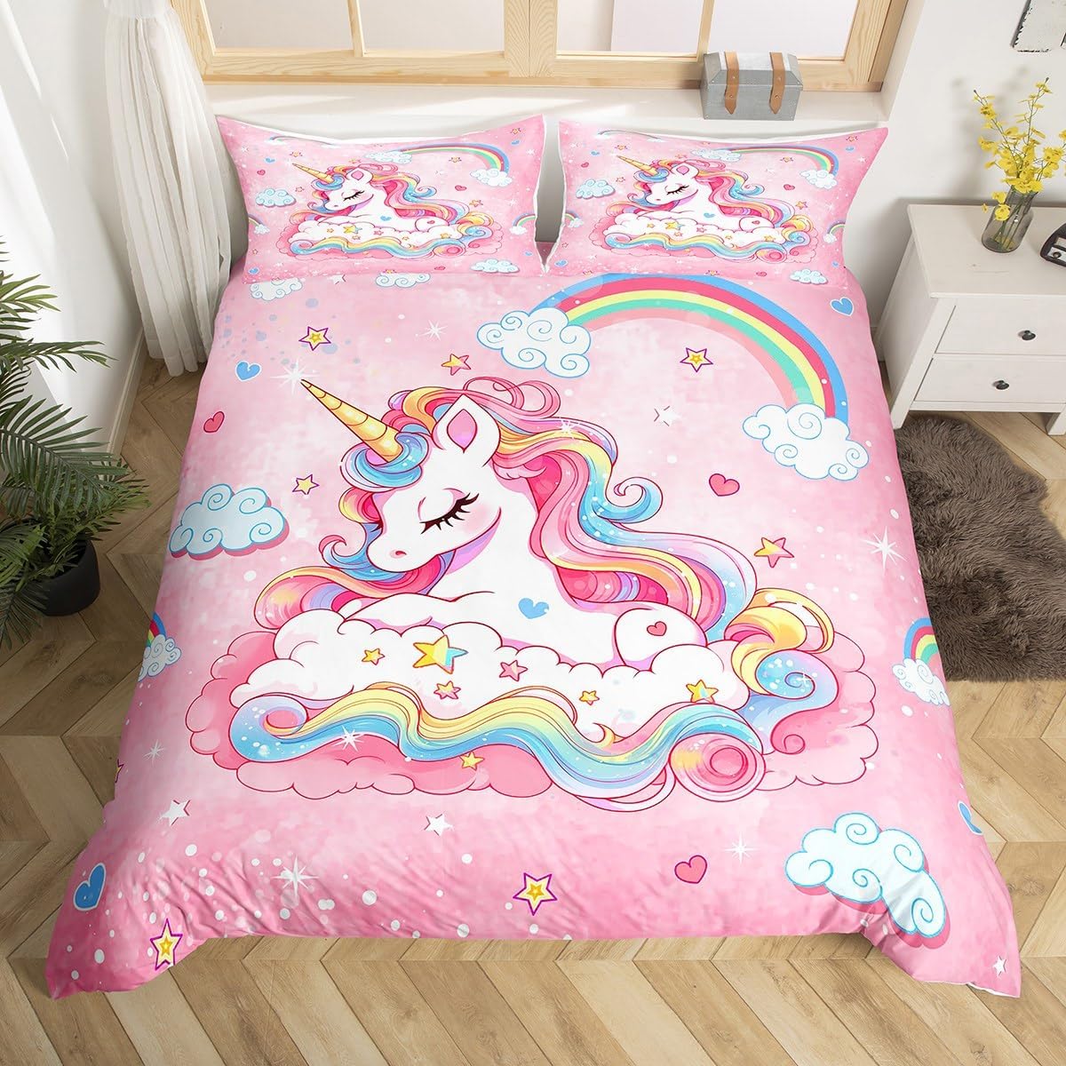 jejeloiu Cute Unicorn Bedding Set Queen Size Kids Pink Cartoon Unicorn Comforter Cover Set for Boys Girls Teens Magical Animal Decor Duvet Cover Dreamy Horse Bedspread Cover Room Decor Quilt Cover