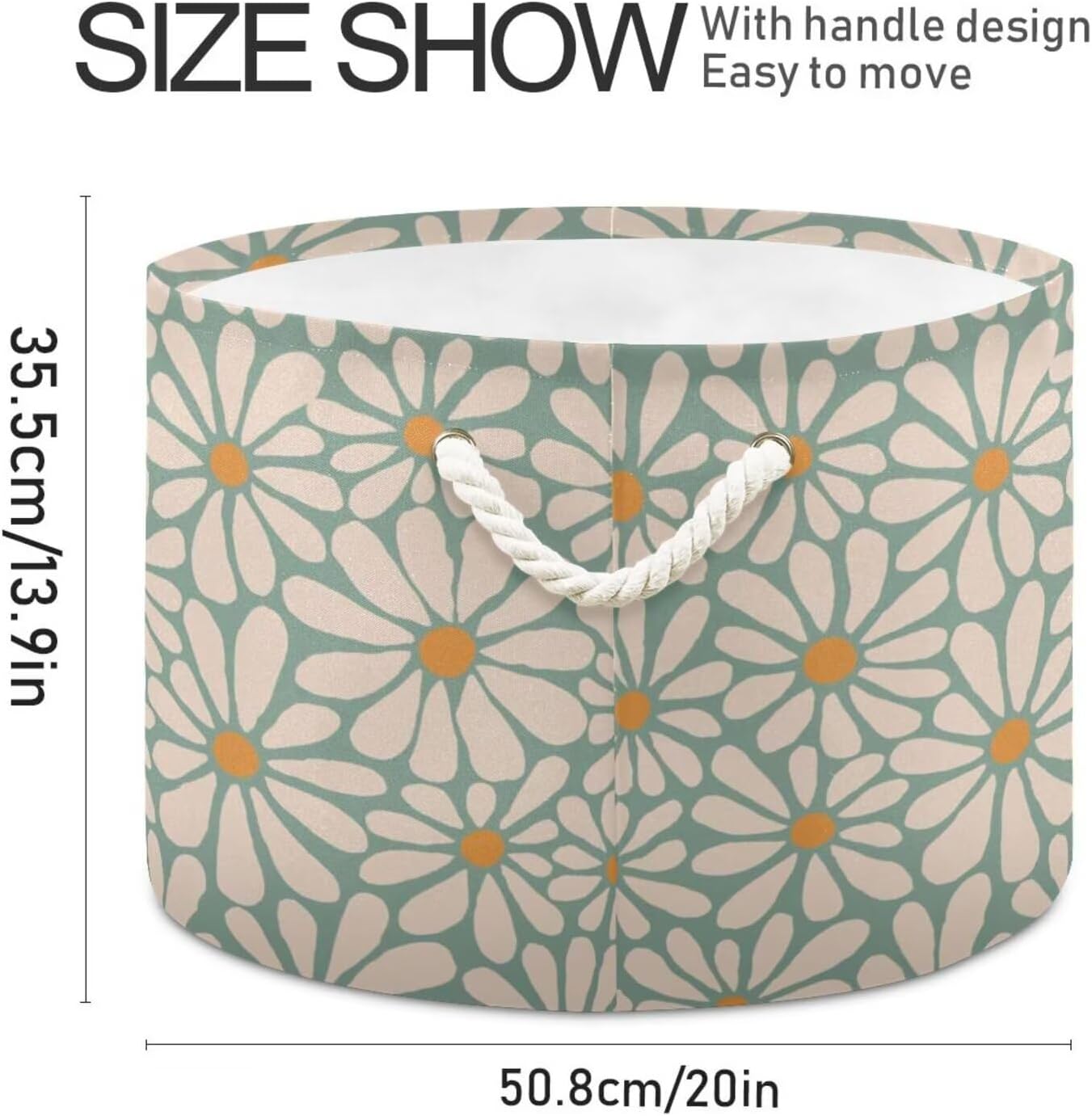 Daisy Flower Print Round Storage Basket Retro Groovy Floral Large Laundry Hamper Boho 20 x 20 x 14 Inches Organizer Bin with Handles Clothes Storage Bag for Nursery Bedroom Living Room Decor