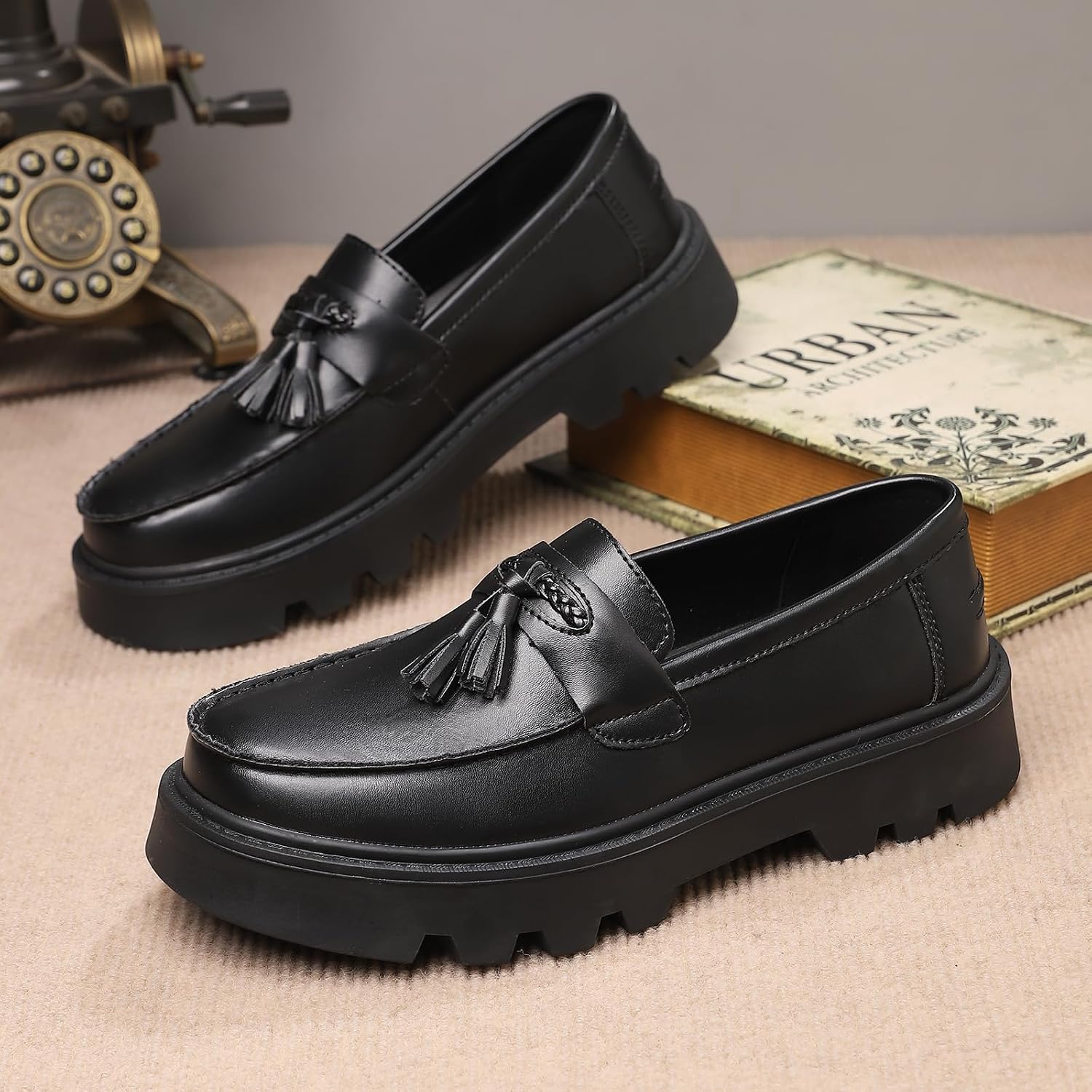 Men's Black Soft Patent Leather Platform Chunky Heel Loafers Fashion Tassel Business Casual Formal Work Shoes Non-Slip Lug Sole Slip-On Penny Loafers