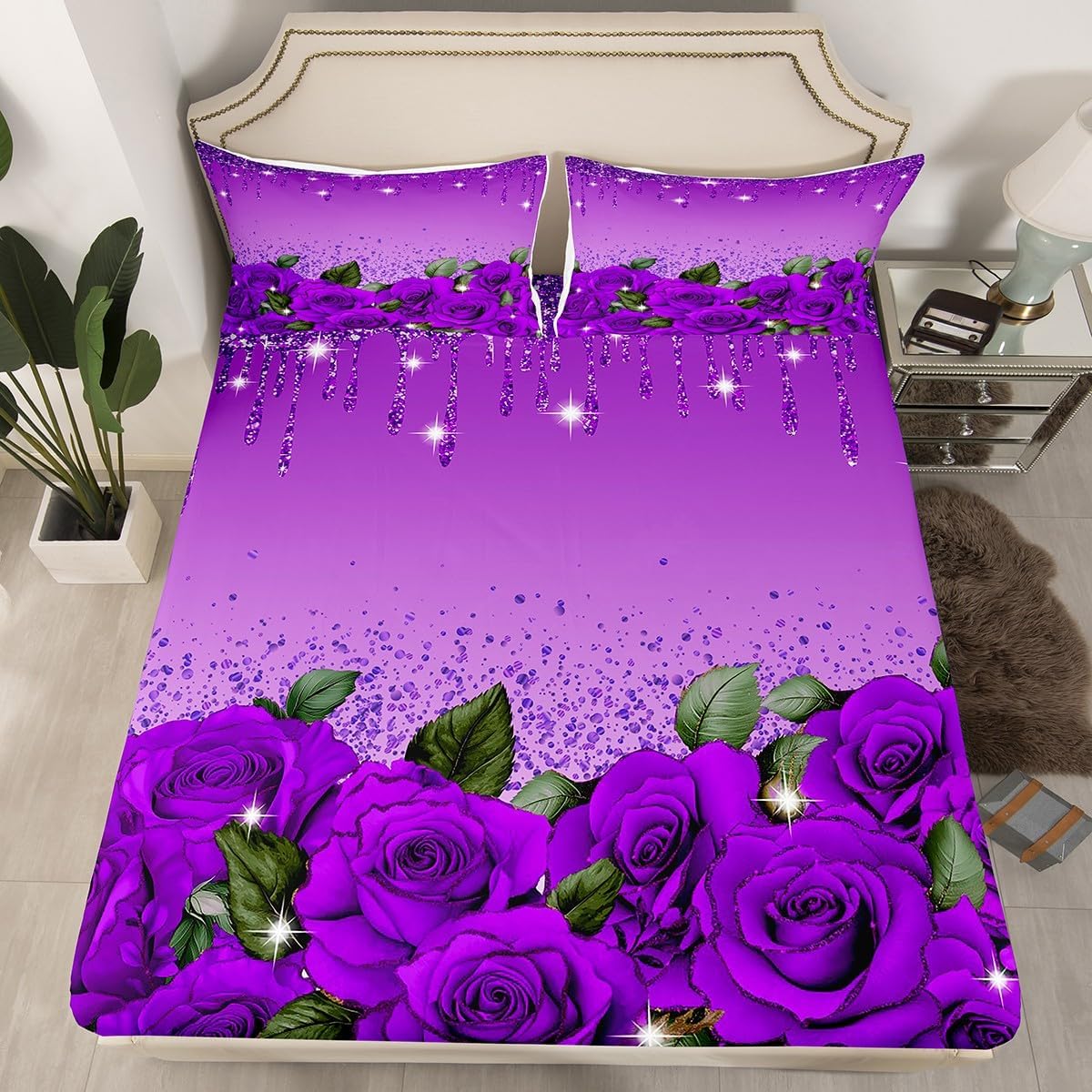 Erosebridal Purple Rose Fitted Sheet Diamond Crystal Fluid Art Bed Sheets Full,Abstract Ombre Sheets Romantic Garden Flowers Bedding Set,Boho Floral Bohemian Decor