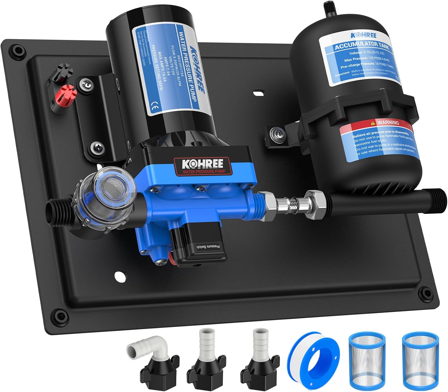 Kohree RV Water Pump 12V DC 5.5GPM 55PSI and 0.75L 125PSI Pre-Pressurized Accumulator Tank, Quiet RV Water Pump and Accumulator Tank System for RV Camping, Boat, Kitchen, Bathroom