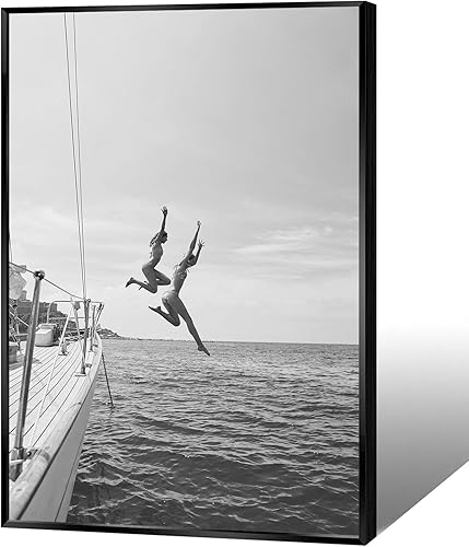 Arte de pared retro de los años 80 en blanco y negro, para mujeres en blanco y negro, póster de verano con salto en el océano, vela, barco, yate,
