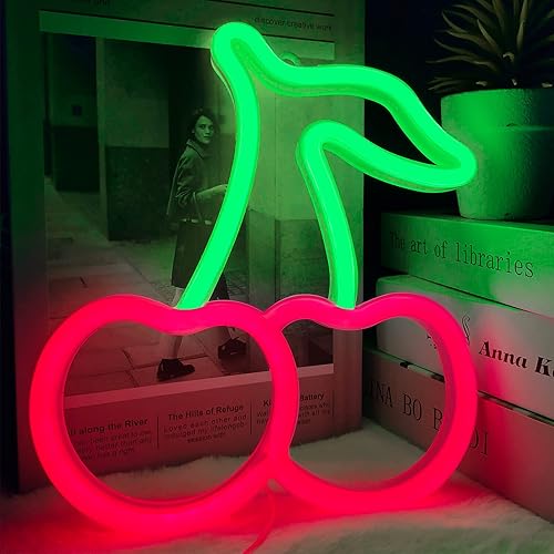 Miniatura 5 de Letrero de neón de cereza, luces de neón de cerezas rojas y verdes, letreros de neón de cereza para decoración de pared, lindos letreros LED de