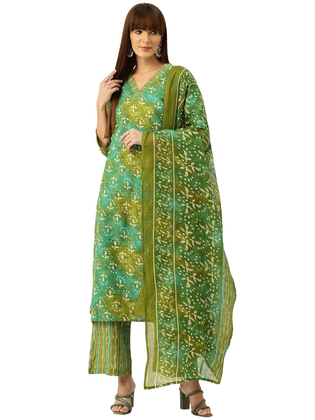 feranoid Bordered V-Neck 3-Piece Kurta Set with Ankle-Length Pants & Full-Length Dupatta (Size S-XXL)