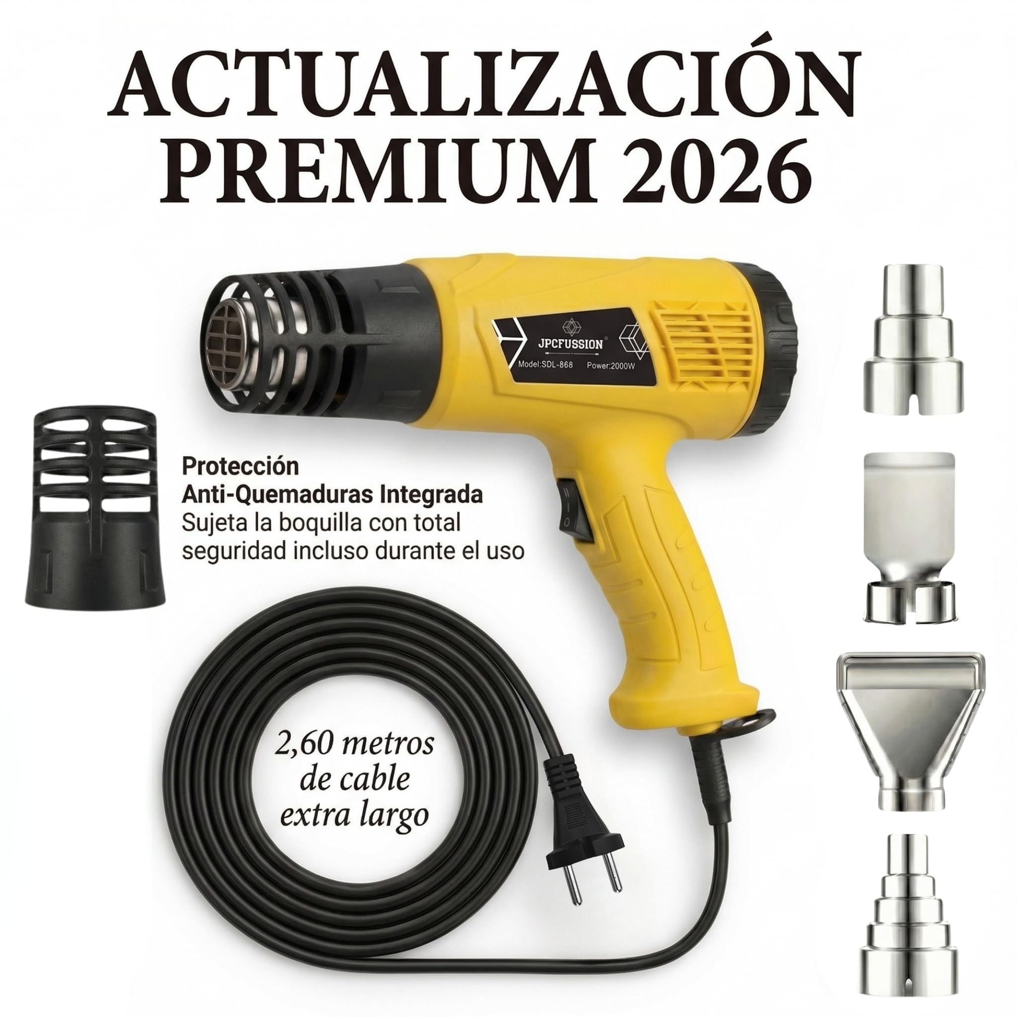 Pistola de Calor 2000W | 2 Niveles de Temperatura 400–600 °C | Pistola de Aire Caliente KIT PREMIUM con Protector Anti-Quemaduras y 4 Boquillas | Manual en Español