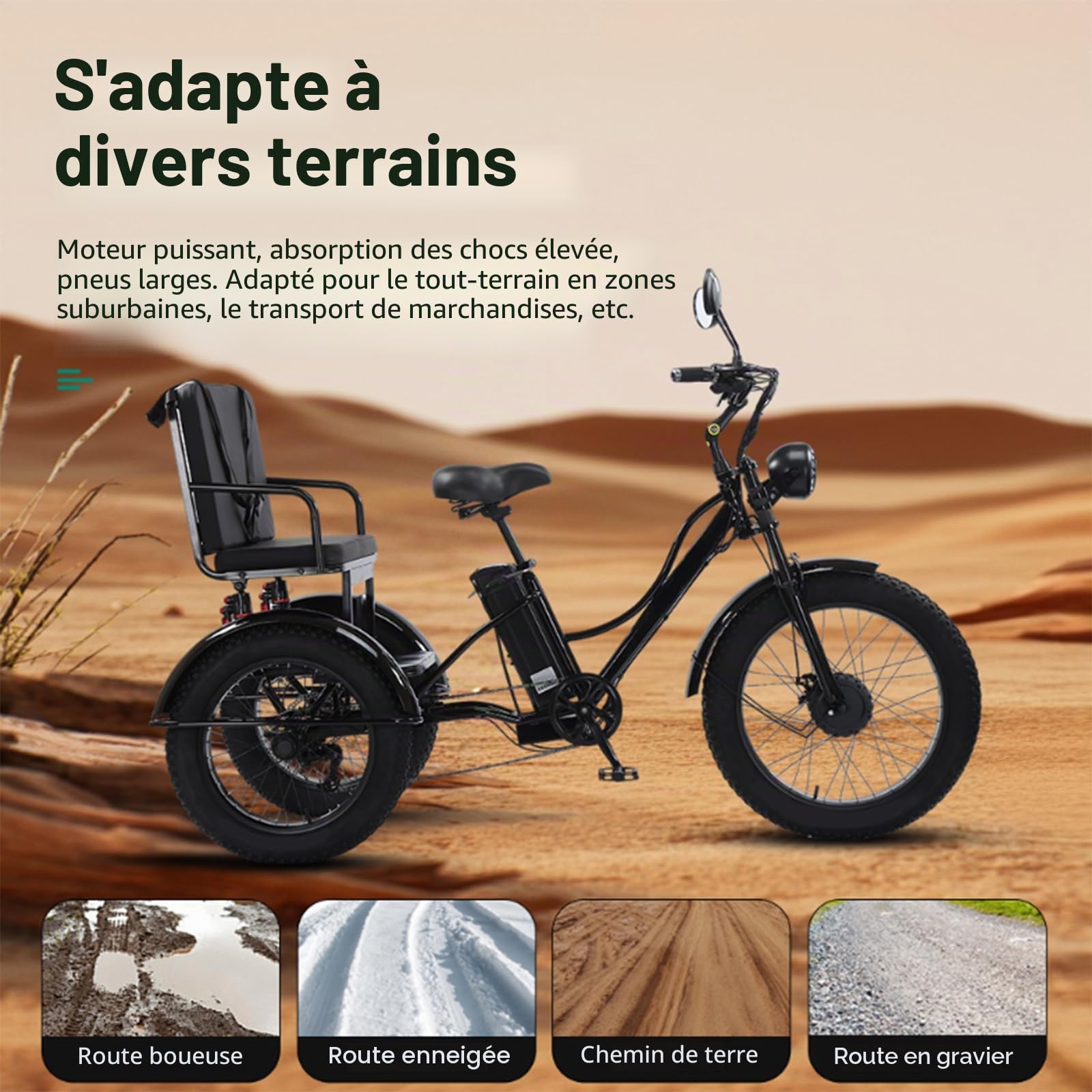 Tricycle éLectrique 24 Pouces à Gros Pneus avec Siège Passager pour Adulte, VéLo éLectrique 48 V/18 Ah - Charge Maximale : 150 Kg, écran LCD Et Phare, pour La Ville Et La Montagne. Blue