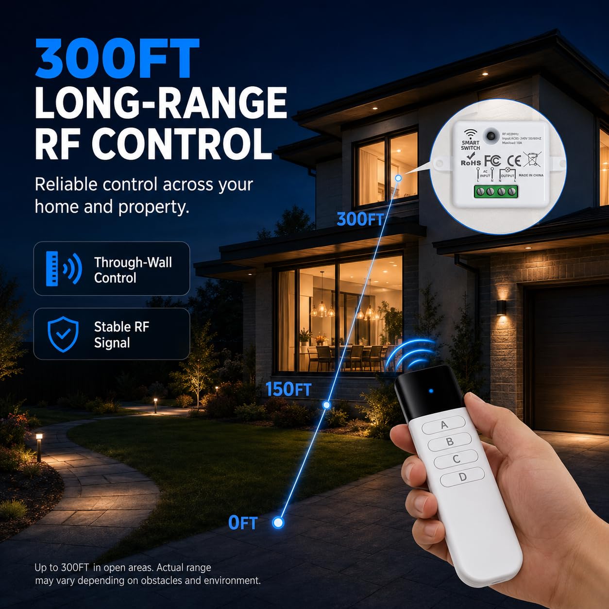 Wireless Remote Light Switch,AC100-250V,300ft RF Range,Expandable Wireless Wall Switch Kit,Romote Control Outdoor House Office Ceiling Light, Fans, Lamps (1v4) image 3