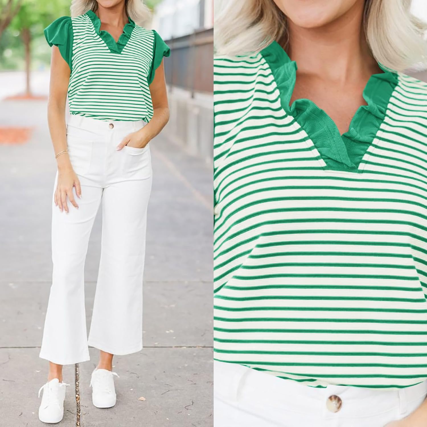 Tankaneo Womens Ruffle Cap Sleeve Tank Tops Summer Casual Cute Color Block Striped Tshirts Pleated V Neck Shirts - Image 2