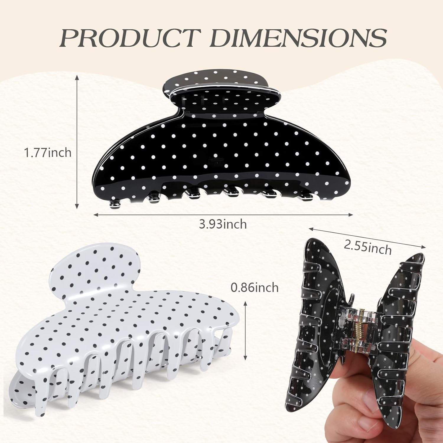 2 Pack Medium Hair Clips for Women, Strong Hold Recycled Plastic Claw Clips for Thick Hair Polka Dot | Great for Updo Half Up Hairstyle | Ideal Gifts for Women - Black and White Holiday Gift - Image 3