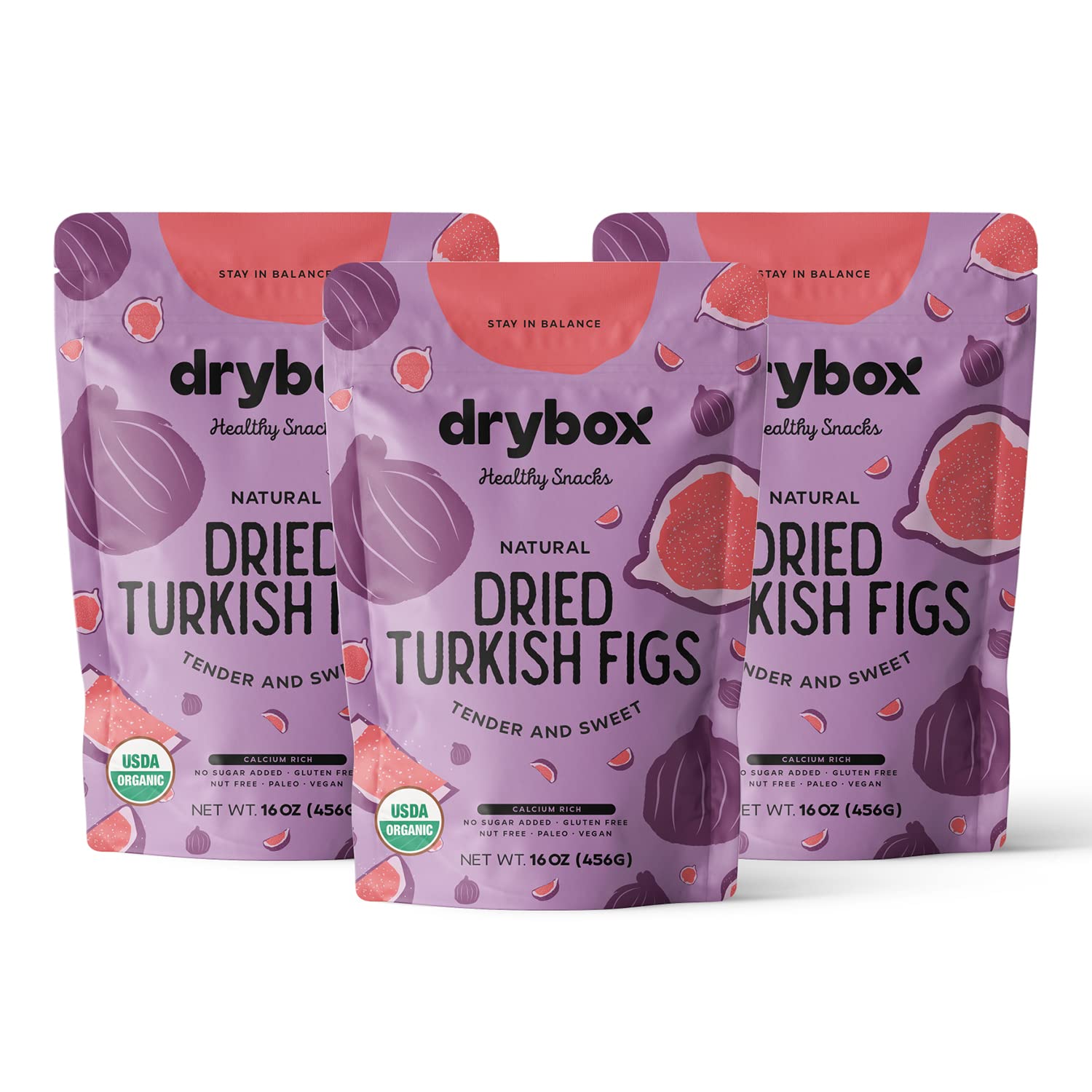 dryboxOrganic Dried Figs 3 Pack No Sugar Added, Smyrna Turkish Fig | Unsweetened Unsulfured Non-GMO Dry Figs for Snacking, Charcuterie Board, Salads | 1 lb per pack resealable - Total 3 lbs