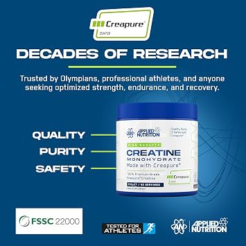 Applied Nutrition – Creatine Monohydrate – Made with Creapure® – Best Premium-Grade Creatine – Best Performance & Strength Support – Increased Energy & Endurance – (250g – 50 Servings) (Unflavoured)