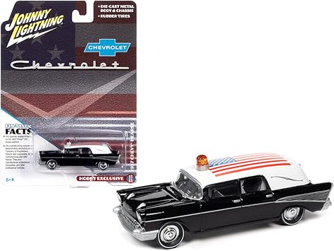 Johnny Lightning 1957 Chevrolet Hearse Black with White Top and American Flag Graphics 1/64 Diecast Model Car