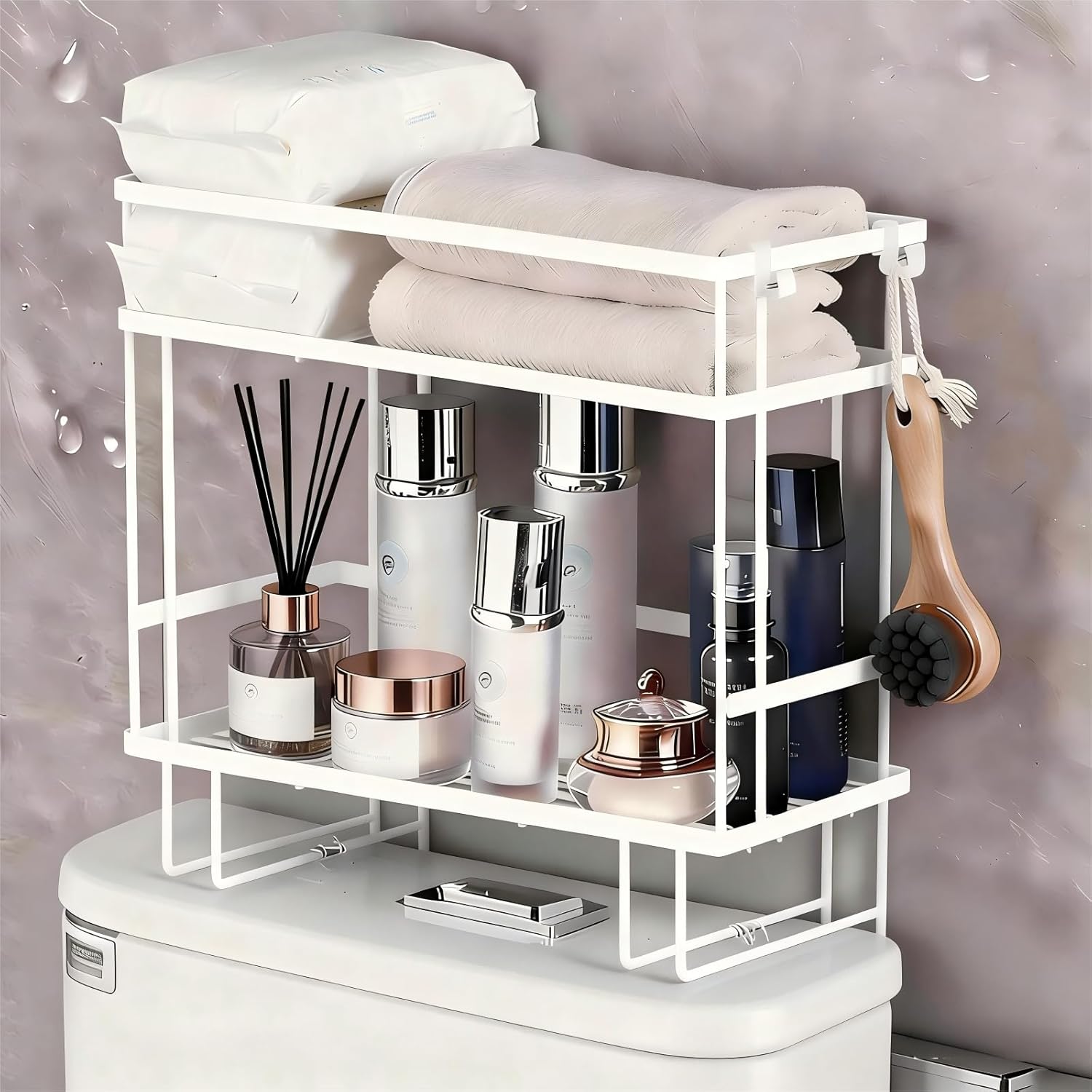 Bathroom Organizer Shelf - Over The Toilet Storage Rack, 2-Tier Floating Shelves with Hooks, No-Drill, Toilet Paper Holder for Restroom Bathroom Vanity Kitchen (White, 2 Tier)