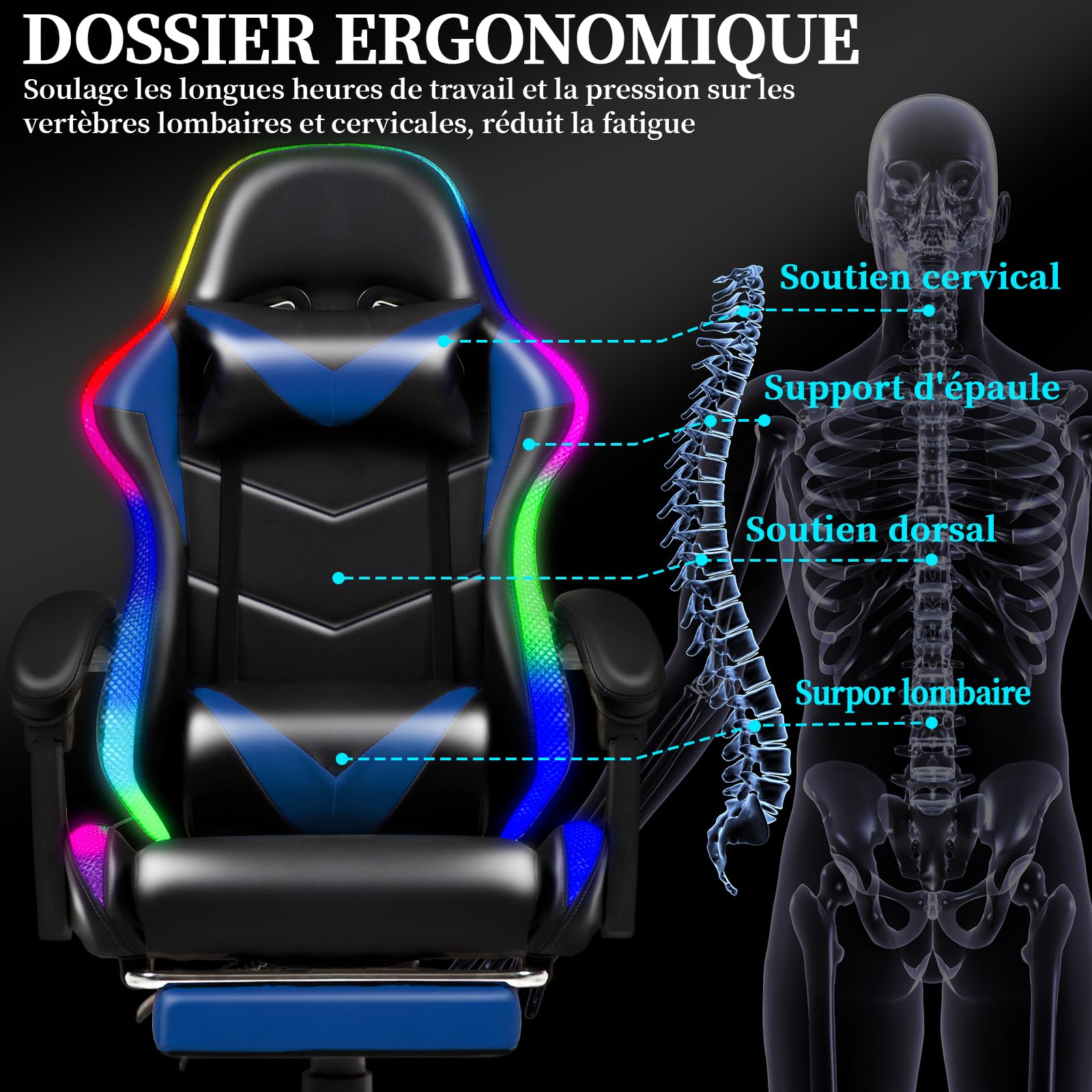 Czlolo Chaise Gaming Ergonomique avec Coussin Lombaire massant, LED RGB Réglage Complet Dossier & Hauteur & Repose-Pieds – Fauteuil Confort – Bleu
