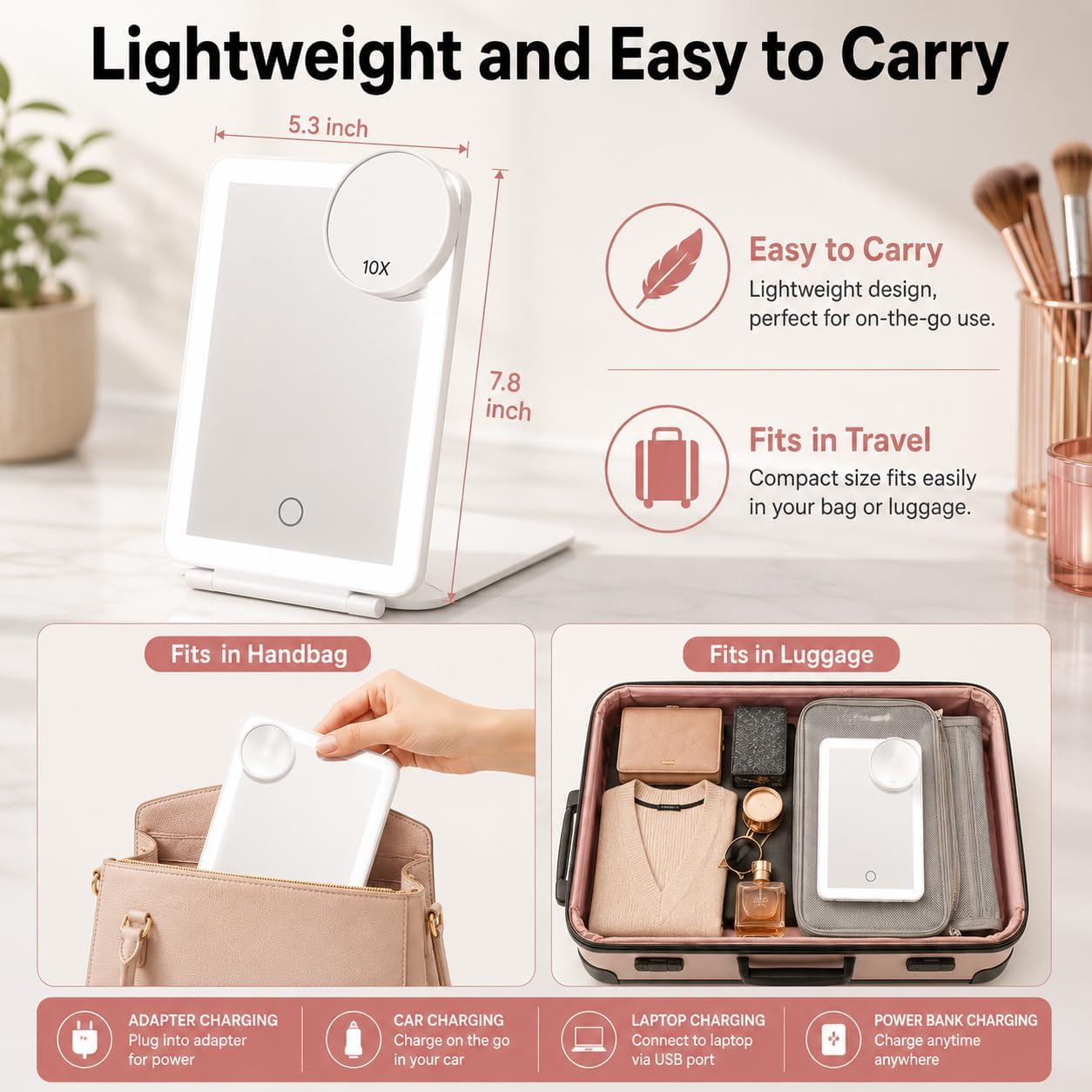 Rechargeable Travel Makeup Mirror with Lights, Portable Lighted Vanity Mirror with 10X Magnifying Mirror, 72 LED Lights, 1000mAh Battery, 3 Color Modes, Touch Dimmable Mirror for Desk & Travel