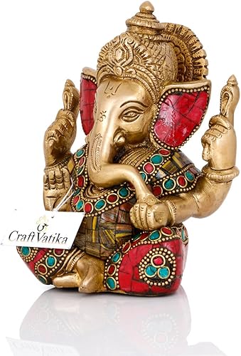 Miniatura 2 de CraftVatika Lord Ganesha - Estatua de latón | Escultura de ídolo sentado de Dios hindú Ganesh Bendición Ganesh | Regalos de Navidad y Año Nuevo para