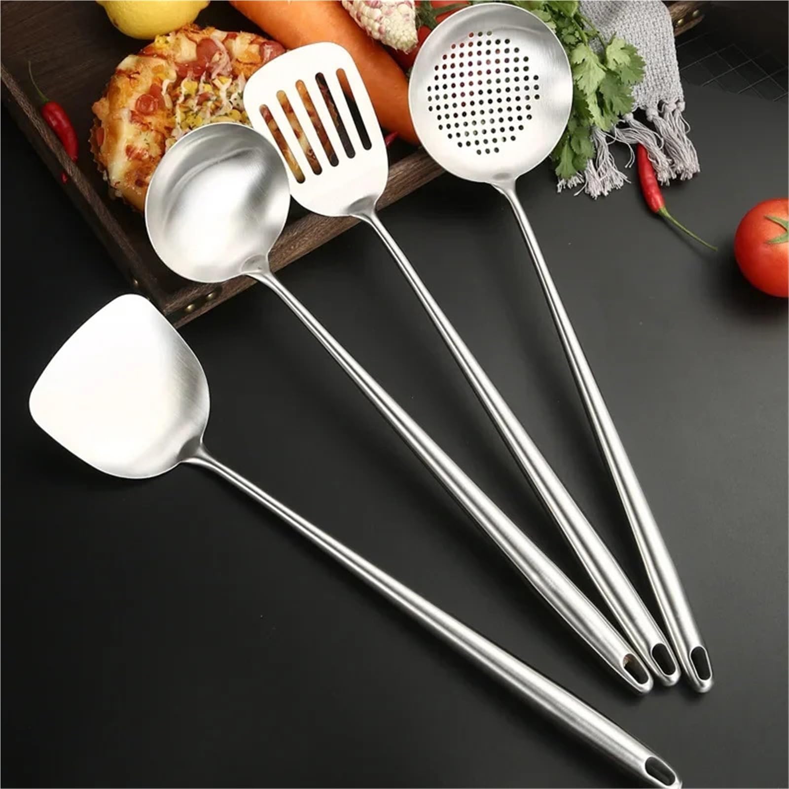 2PCS 316 Edelstahl Wok Spachtel Metall küche utensilien Schlitz Turner Löffel Schöpfkelle Kochen Werkzeuge Utensil Set Küche Zubehör für Antihaft-Kochgeschirr(Size 2)