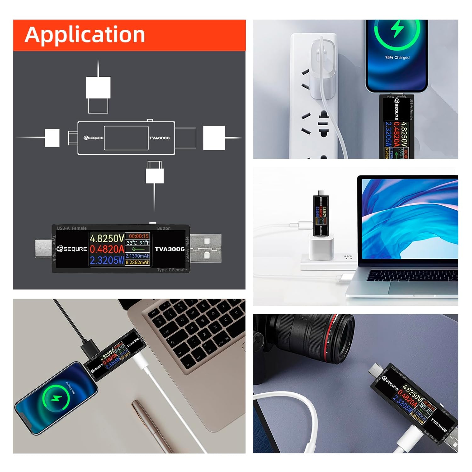 Various application scenarios of the SEQURE USB Tester, showing it connected to a wall charger, laptop, and power bank, measuring power delivery to different devices.
